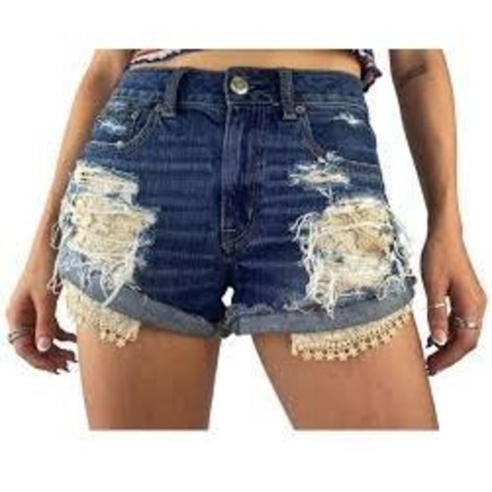 AMERICAN EAGLE Women’s Hi-Rise Festival Distressed Lace Denim Shorts Size 10